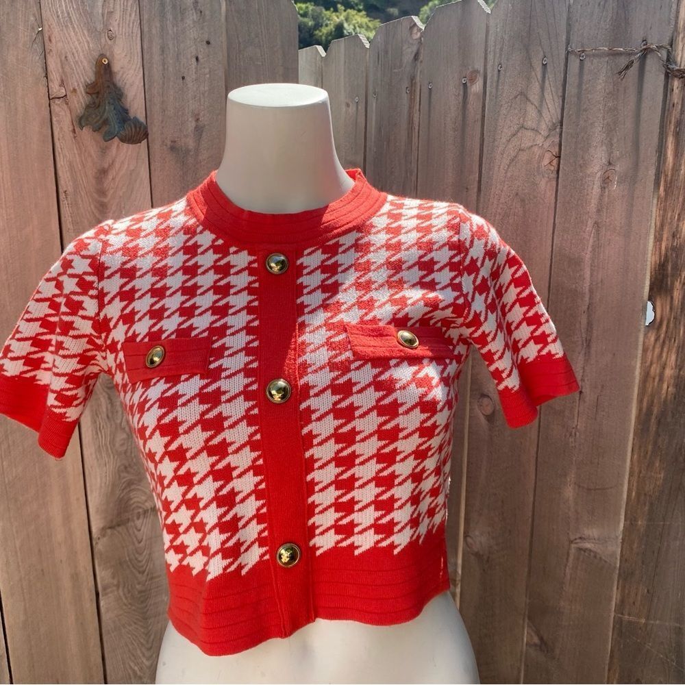 Red and White Houndstooth Sweater top